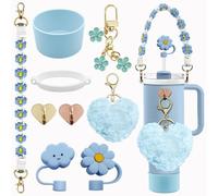 Stanley Tumbler Cup Accessories Set - 20oz, 30oz, 40oz With Silicone Straw Cover, Water Bottle Handle Strap, Charms, Silicone Cup Boot (Blue)