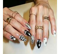 Star Accent Press-on Manicure Black White False Tips with Metallic Detail, Almond Shape Set for Bold Daily Changes and Party Looks Wearable Manicure Adhesive Tabs Dark Cool Star Accent Quick Beauty