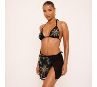Star And Moon Detail Triangle Bikini Set And Matching Sarong 3 Piece Set In Black Sequin, Women's Size UK 8
