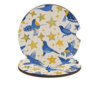 Star Bird Print Car Cup Holder Coasters 2-Pack Absorbent Wood & Cork Coasters for Car Cup Holders, Festive Car Accessories for Women & Men