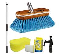 STAR BRITE Premium Combo-3' -6' Handle with 8" Medium Fiber Synthetic Wood Block Brush (BLUE) with Bumper + BONUS ITEMS Hook Attachment + Boat Scuff Eraser + Giant Sponge, Aluminum