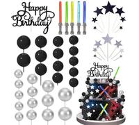 Star Cake Toppers Set 51Pcs Galaxy Lightsaber Cupcake Topper Balls Decorations for Birthday Space Wars Themed Party Supplies