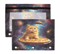 Star Cat Binder Pouches 3 Ring for Boys Girls School Office College Supplies Galaxy Space Pizza Alien Pencil Pouches Case Bag with Clear Window and Zipper 2 Pack