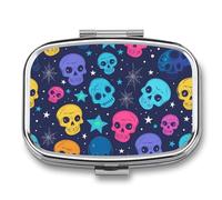 Star Colored Skulls Pill Case Box with 2 Compartment Medicine Vitamin Organizer for Purse Pocket 5.5x4cm
