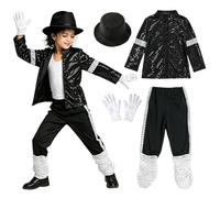 Star Costume for Boys Kids 80s 90s Disco Outfit Retro Sequin Jacket Trousers Hat Glove, Stage Outfit Star Costume Halloween Dance Performance (10-12 Years) Black