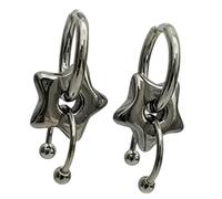 Star Dangle Hoop Earrings, Silver Tone Pair with Puffed Five-Point Charm and Curved Bead Accent, 3cm Dangle Jewelry for Daily Wear and Party Looks Daily Wear Star Hoop Earrings Pair