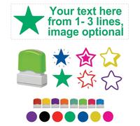 Star Design Personalised Teacher Stamp - 1-3 Text Lines, Choice of Ink Colour and Star Image. Reinkable. 10x39mm.