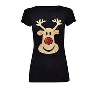 STAR FASHION Christmas Short Sleeve Tops for Women Festive Xmas Reindeer Print T-Shirt Rudolph Red Nose-Black-12-14