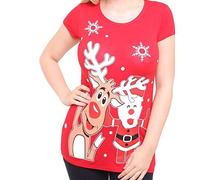 STAR FASHION Christmas Short Sleeve Tops for Women Festive Xmas Rudolph Reindeer Red Nose Print T-Shirt-Santa Red-8-10