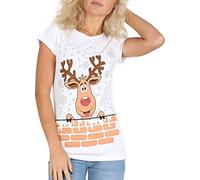 STAR FASHION Christmas Short Sleeve Tops for Women Festive Xmas Rudolph Santa Red Nose Print T-Shirt-Reindeer-Wall-Reindeer-Wall-White-8-10