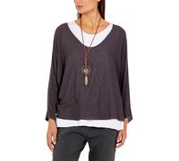 STAR FASHION Italian Fine Knit Double Layer Top for Womens Oversized Long Sleeve Layered Blouse with Necklace Ladies Glitter Trim 2 in 1 Necklace Top Dark Chocolate