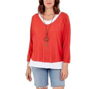 STAR FASHION Italian Fine Knit Double Layer Top for Womens Oversized Long Sleeve Layered Blouse with Necklace Ladies Glitter Trim 2 in 1 Necklace Top Red