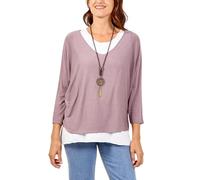 STAR FASHION Italian Fine Knit Double Layer Top for Womens Oversized Long Sleeve Layered Blouse with Necklace Ladies Glitter Trim 2 in 1 Necklace Top Violet