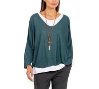 STAR FASHION Italian Fine Knit Double Layer Top for Womens Oversized Long Sleeve Layered Blouse with Necklace Ladies Glitter Trim 2 in 1 Necklace Top Bottle Green