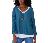 STAR FASHION Italian Fine Knit Double Layer Top for Womens Oversized Long Sleeve Layered Blouse with Necklace Ladies Glitter Trim 2 in 1 Necklace Top Petrol