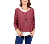 STAR FASHION Italian Fine Knit Double Layer Top for Womens Oversized Long Sleeve Layered Blouse with Necklace Ladies Glitter Trim 2 in 1 Necklace Top Aubergine