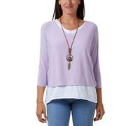 STAR FASHION Italian Fine Knit Double Layer Top for Womens Oversized Long Sleeve Layered Blouse with Necklace Ladies Glitter Trim 2 in 1 Necklace Top Light Lilac