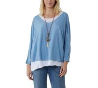 STAR FASHION Italian Fine Knit Double Layer Top for Womens Oversized Long Sleeve Layered Blouse with Necklace Ladies Glitter Trim 2 in 1 Necklace Top Light Denim