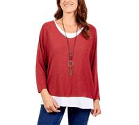 STAR FASHION Italian Fine Knit Double Layer Top for Womens Oversized Long Sleeve Layered Blouse with Necklace Ladies Glitter Trim 2 in 1 Necklace Top Wine