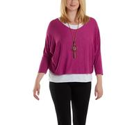STAR FASHION Italian Fine Knit Double Layer Top for Womens Oversized Long Sleeve Layered Blouse with Necklace Ladies Glitter Trim 2 in 1 Necklace Top Magenta