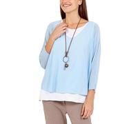 STAR FASHION Italian Fine Knit Double Layer Top for Womens Oversized Long Sleeve Layered Blouse with Necklace Ladies Glitter Trim 2 in 1 Necklace Top Light Blue
