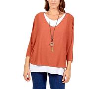 STAR FASHION Italian Fine Knit Double Layer Top for Womens Oversized Long Sleeve Layered Blouse with Necklace Ladies Glitter Trim 2 in 1 Necklace Top Brick
