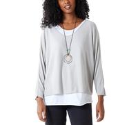 STAR FASHION Italian Fine Knit Double Layer Top for Womens Oversized Long Sleeve Layered Blouse with Necklace Ladies Glitter Trim 2 in 1 Necklace Top Stone