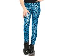 STAR FASHION Kids Mermaid Leggings Girls Metallic Fish Scale Shiny Wet Look Leggings Pants Footless Dance Tights Liquid Metallic Stretch Pants Turquoise 11 to 12 Years