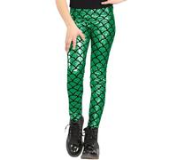 STAR FASHION Kids Mermaid Leggings Girls Metallic Fish Scale Shiny Wet Look Leggings Pants Footless Dance Tights Liquid Metallic Stretch Pants Jade 11 to 12 Years