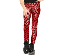 STAR FASHION Kids Mermaid Leggings Girls Metallic Fish Scale Shiny Wet Look Leggings Pants Footless Dance Tights Liquid Metallic Stretch Pants Red 9 to 10 Years