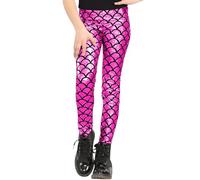 STAR FASHION Kids Mermaid Leggings Girls Metallic Fish Scale Shiny Wet Look Leggings Pants Footless Dance Tights Liquid Metallic Stretch Pants Cerise 7 to 8 Years