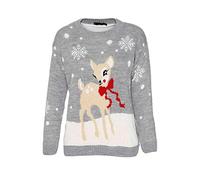 STAR FASHION Kids Merry Christmas Knitted Jumper Reindeer Rudolph Top Snowflake Pom Pom Xmas Sweater-Bambi Grey-11-12 Years