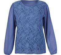 STAR FASHION Ladies Chiffon Sheer Top Plus Size Dress Stretch Lace Lined Floral Long Cuff Transparent Sleeve Loose Fit Blouse Round Neck Mesh Flower Tunic T-Shirt for Woman (Blue)