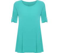 STAR FASHION Ladies Crepe Top Zip up V-Neck Curved Hem Half Rolled Cuffed Sleeve Top Plus Size Tunic Top Asymmetrical Shirts for Woman (Turquoise)