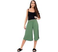 STAR FASHION Ladies Culottes Palazzo Shorts Wide Leg Flared Elasticated Stretchy Loose Short Trousers Pants Casual Womens 3/4 Length Plain Culottes Shorts 8-26 Khaki Green