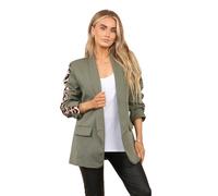 STAR FASHION Ladies Longline Duster Coat Blazer Frill Ruffle 3/4 Rouge Sleeve Womens Italian Blazer Stylish Leopard On Sleeve Khaki 12 to 14