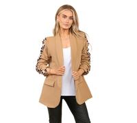 STAR FASHION Ladies Longline Duster Coat Blazer Frill Ruffle 3/4 Rouge Sleeve Womens Italian Blazer Stylish Leopard On Sleeve Camel 12 to 14