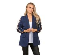 STAR FASHION Ladies Longline Duster Coat Blazer Frill Ruffle 3/4 Rouge Sleeve Womens Italian Blazer Stylish Leopard On Sleeve Navy 20 to 22
