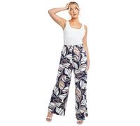 STAR FASHION Ladies Printed Palazzo Wide Leg Flared Elasticated Stretchy Loose Pants Trousers Leafs Navy-004 12-14