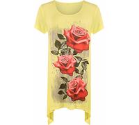 STAR FASHION Ladies Sequin Glitter Rose Print Short Sleeve Irregular Casual Asymmetrical Tunic Top Plus Size Blouse Round Neck Scoop Neckline Comfy Hanky Hem Shirts for Woman Yellow