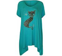 STAR FASHION Ladies Sequin Lace Short Sleeve Irregular Casual Asymmetrical Tunic Top Plus Size Blouse Round Neck Cat Stud Print Design Scoop Neckline Comfy Hanky Hem Shirts for Woman (Turquoise)