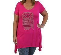 STAR FASHION Ladies Sequin Owl Diamante Stud Short Sleeve Irregular Casual Asymmetrical Tunic Top Plus Size Blouse Round Neck Scoop Neckline Comfy Hanky Hem Shirts for Woman (Pink)