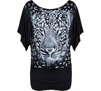 STAR FASHION Ladies Sequin Tiger Face Print Short Sleeve Irregular Casual Asymmetrical Tunic Top Plus Size Blouse Round Neck Scoop Neckline Comfy Hanky Hem Shirts for Woman (Hanky Black)