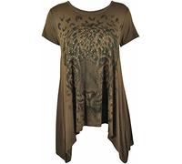 STAR FASHION Ladies Sequin Tiger Face Print Short Sleeve Irregular Casual Asymmetrical Tunic Top Plus Size Blouse Round Neck Scoop Neckline Comfy Hanky Hem Shirts for Woman (Brown)