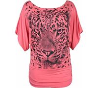 STAR FASHION Ladies Sequin Tiger Face Print Short Sleeve Irregular Casual Asymmetrical Tunic Top Plus Size Blouse Round Neck Scoop Neckline Comfy Hanky Hem Shirts for Woman (Hanky Coral)