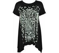 STAR FASHION Ladies Sequin Tiger Face Print Short Sleeve Irregular Casual Asymmetrical Tunic Top Plus Size Blouse Round Neck Scoop Neckline Comfy Hanky Hem Shirts for Woman (Black)