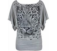 STAR FASHION Ladies Sequin Tiger Face Print Short Sleeve Irregular Casual Asymmetrical Tunic Top Plus Size Blouse Round Neck Scoop Neckline Comfy Hanky Hem Shirts for Woman (Hanky Light Grey)