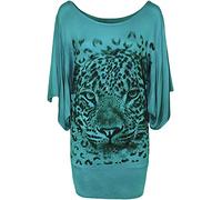 STAR FASHION Ladies Sequin Tiger Face Print Short Sleeve Irregular Casual Asymmetrical Tunic Top Plus Size Blouse Round Neck Scoop Neckline Comfy Hanky Hem Shirts for Woman (Hanky Turquoise)