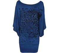 STAR FASHION Ladies Sequin Tiger Face Print Short Sleeve Irregular Casual Asymmetrical Tunic Top Plus Size Blouse Round Neck Scoop Neckline Comfy Hanky Hem Shirts for Woman (Hanky Blue)