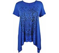 STAR FASHION Ladies Sequin Tiger Face Print Short Sleeve Irregular Casual Asymmetrical Tunic Top Plus Size Blouse Round Neck Scoop Neckline Comfy Hanky Hem Shirts for Woman (Royal Blue)
